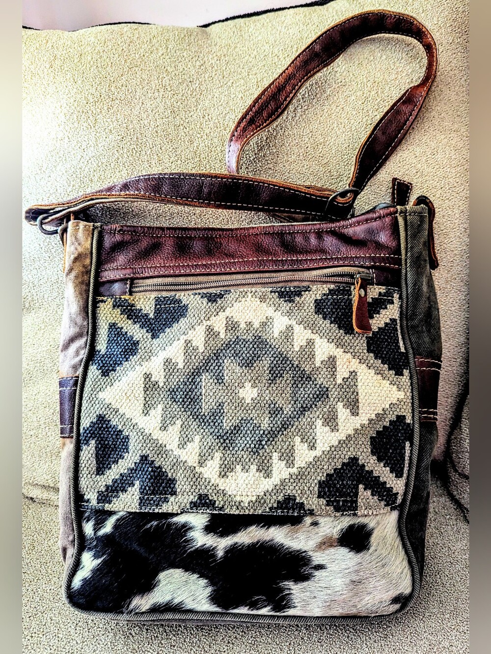 MYRA BAG Textile and Leather Shoulder Bag in Brown and Cream
